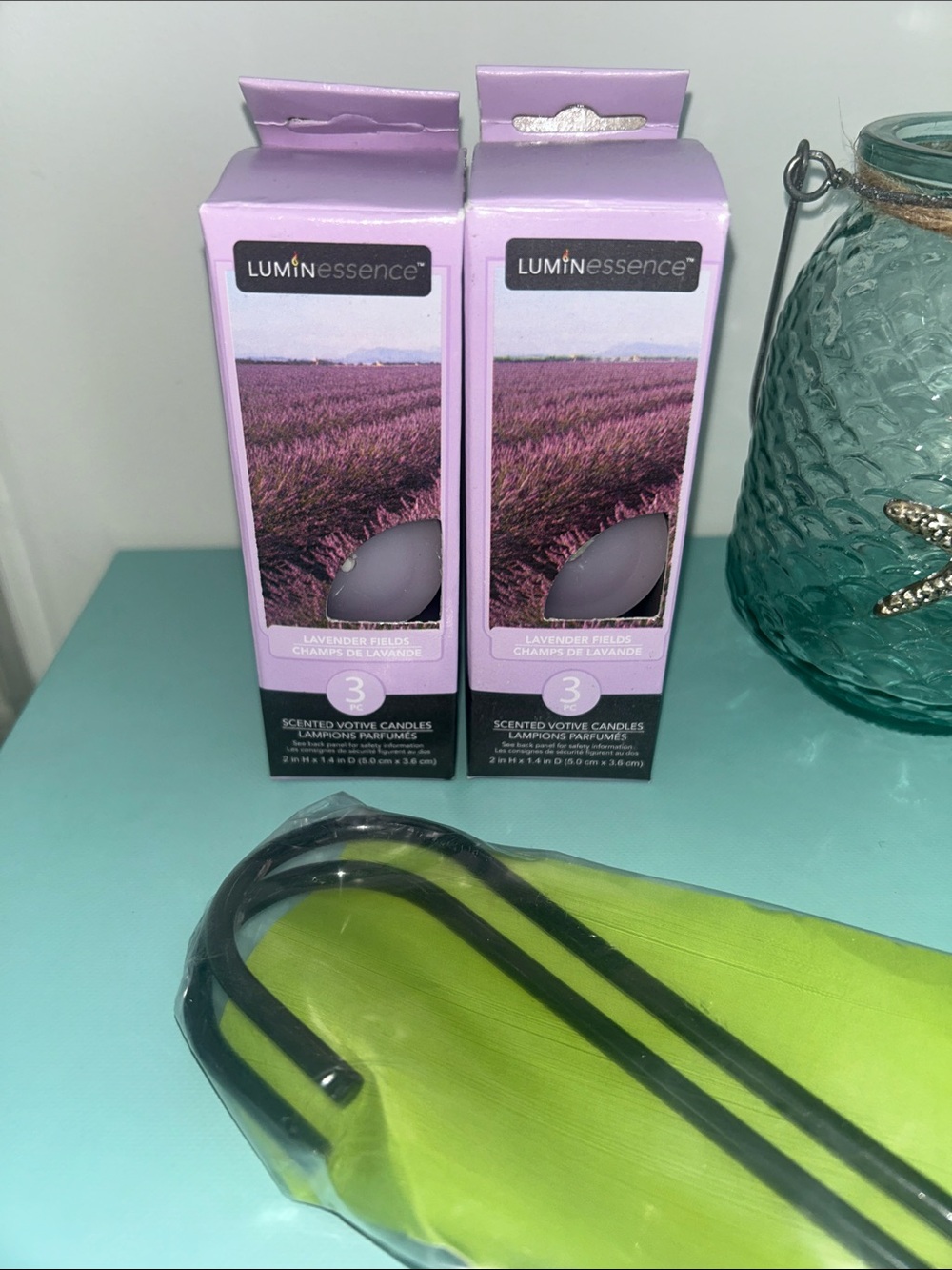 Aqua Glass Starfish Lantern Set with Lavender Candles & Metal Garden Hooks New - Picture 5 of 6
